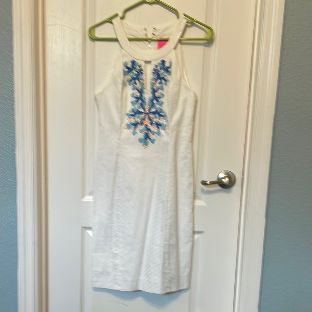 Lilly Pulitzer White Dress with Blue Floral Embroidery